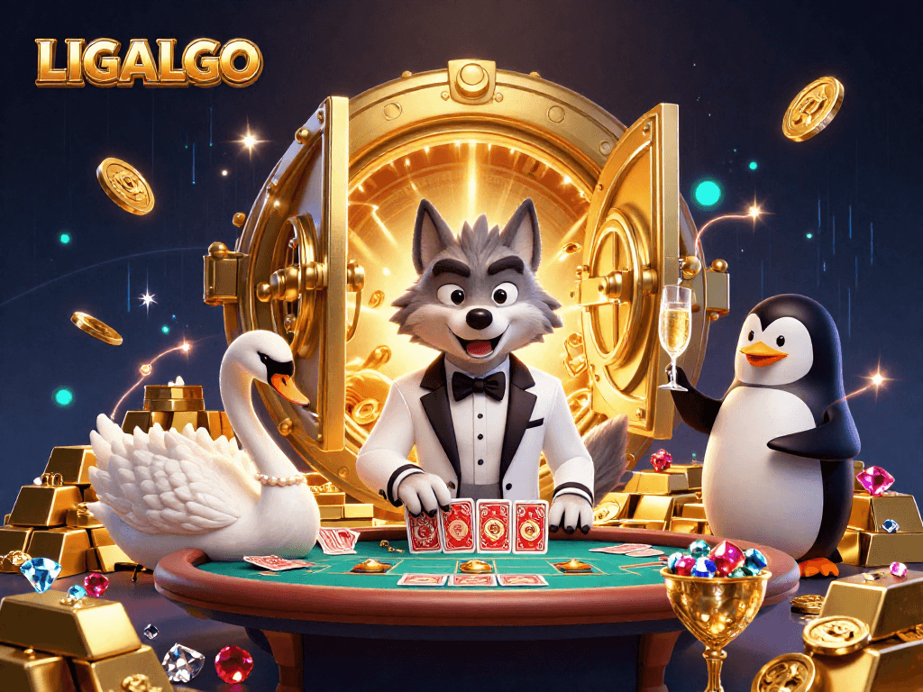 LIGALGO showcases a vibrant casino scene with a debonair wolf, elegant swan, and penguin sommelier.