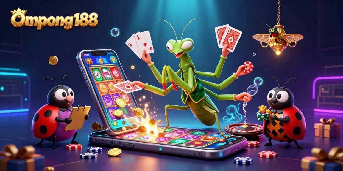 Ompong188 menggambarkan suasana kasino dengan karakter 3D yang dinamis dan elemen permainan yang menarik.