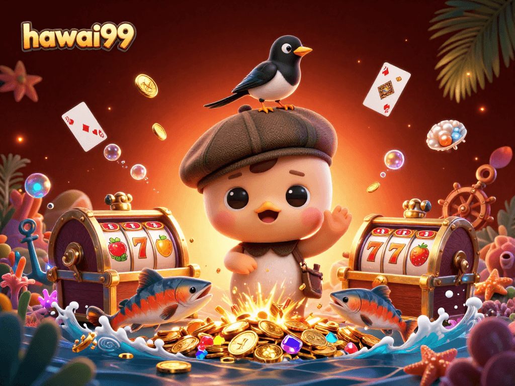 Play slots with hawai99 while cute characters enjoy a vibrant treasure-filled underwater scene.
