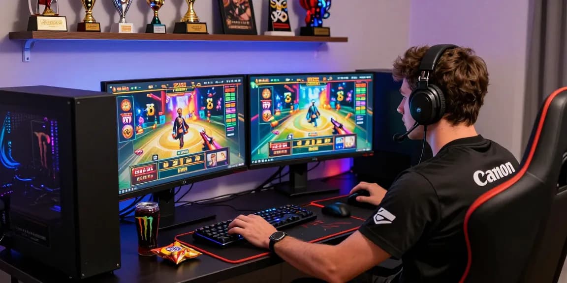 Gamer fully engaged at a rajaberas88 slot game setup, showcasing an electrifying competitive atmosphere with high-tech equipment.