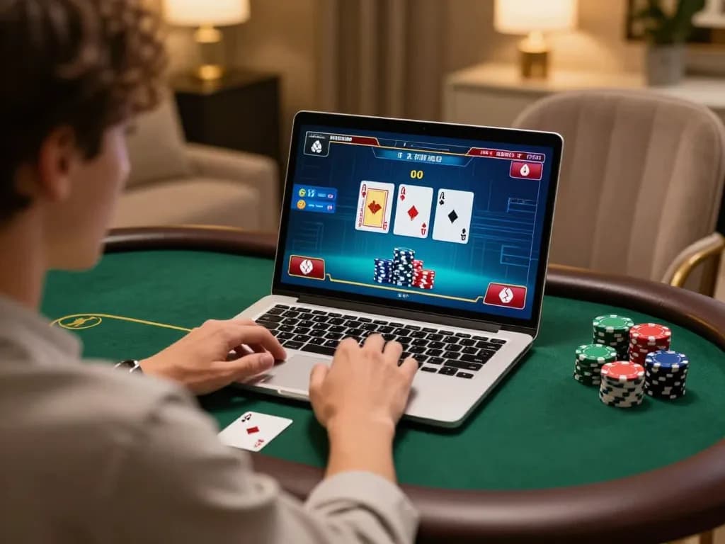CM88 player engaging in intense online poker game from a stylish workspace with vibrant display.