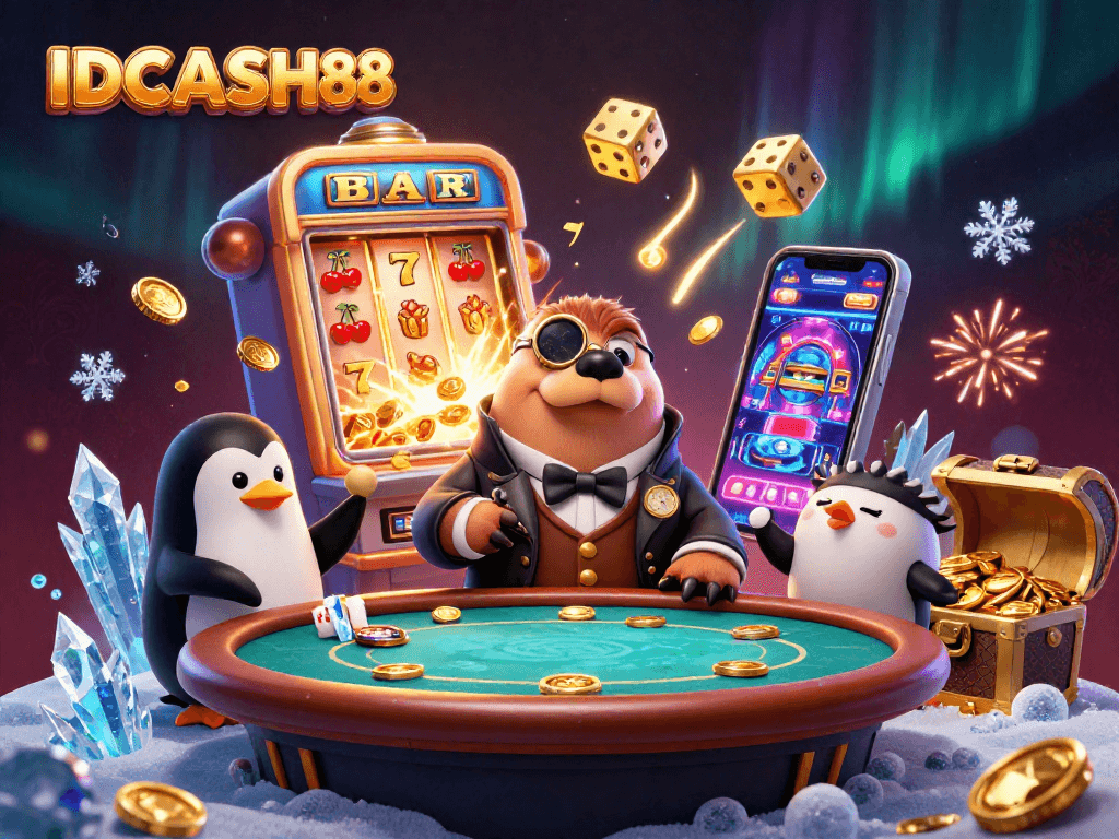 Join the IDCASH88 excitement with a jolly walrus and friends at an underwater poker table playing for big wins.