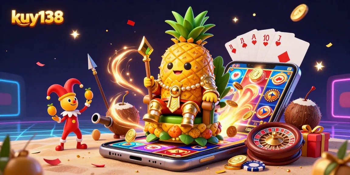 Gambarkan suasana meriah kuy138 dengan raja nanas emas dan jester di kasino pantai.