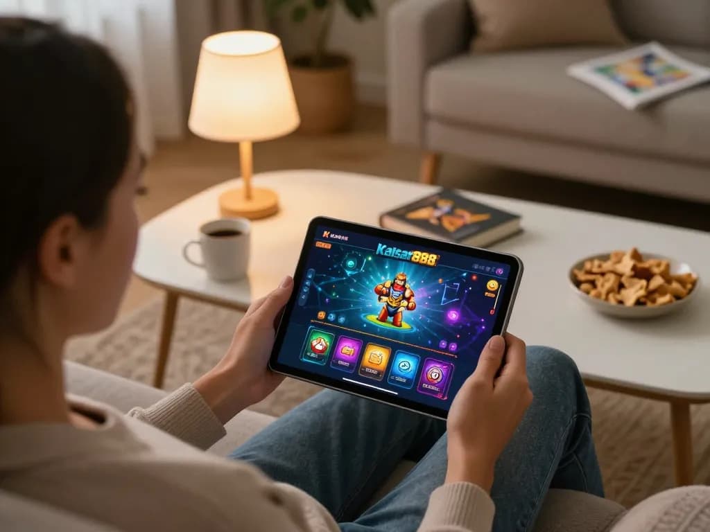 Engaging with kaisar 888 online gaming on a tablet in a cozy home setting.