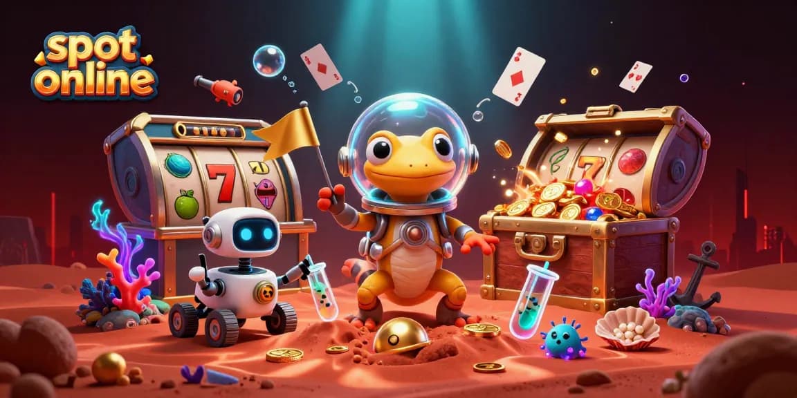 Permainan slot online dengan gecko Mars dan robot merayakan keberuntungan jackpot di kasino