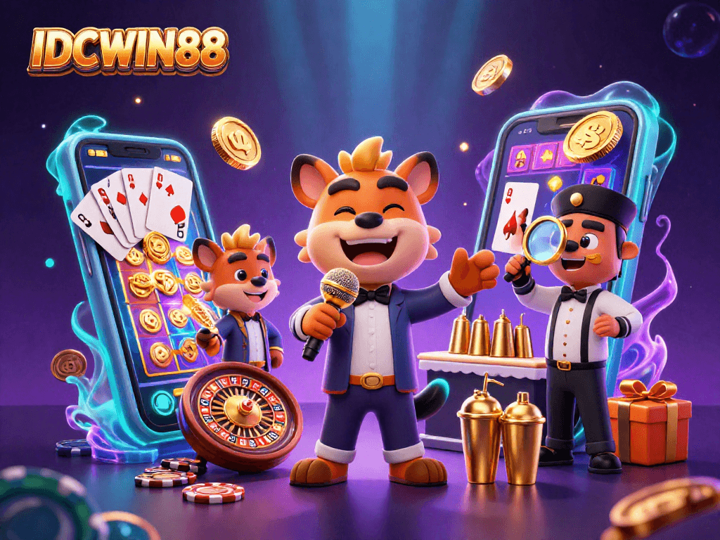 Experience thrilling gaming at IDCWIN88 with a lively hyena casino scene featuring jokes, drinks, and ID checks.