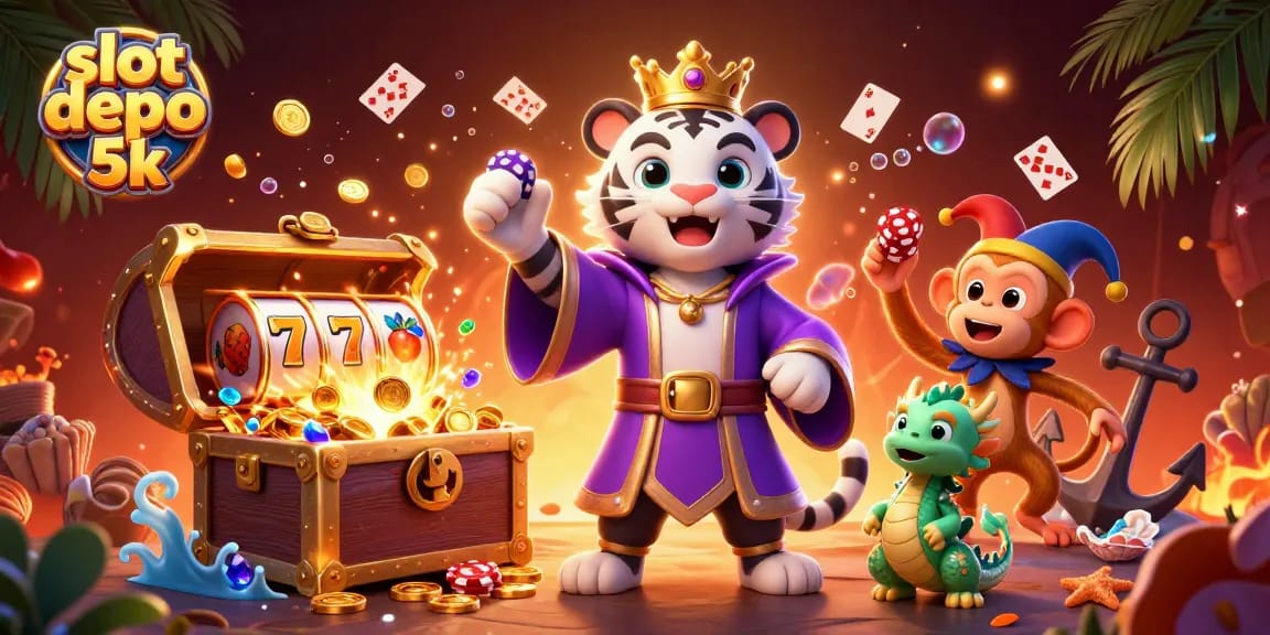 Experience the thrill of slot depo 5k with stunning visuals of playful characters and vibrant casino elements.