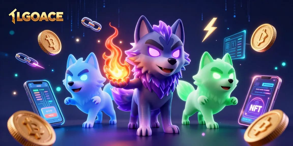 LGOACE showcases a vibrant scene with a shadow wolf leader surrounded by crypto elements for online gamers.