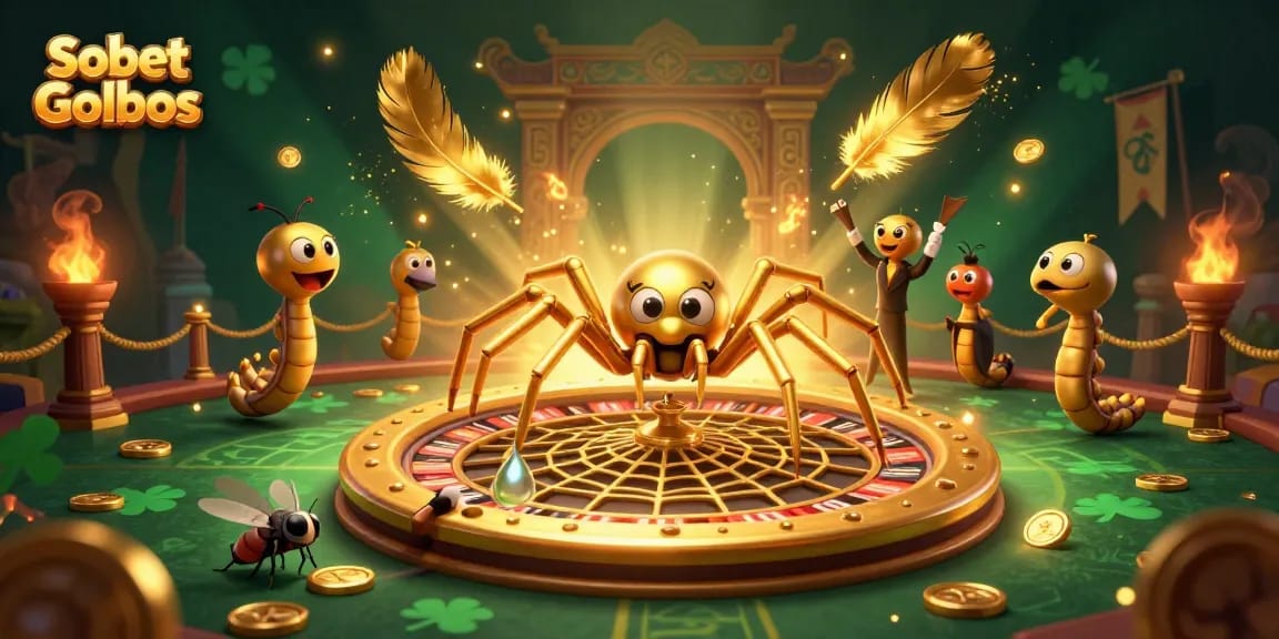 Engage with Sbobet Golbos through dynamic betting bets alongside a golden spider and centipede dealer in this captivating scene.