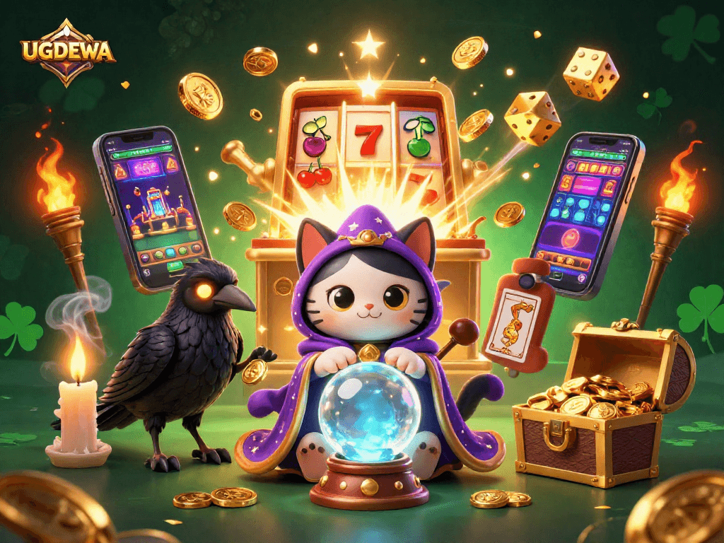 Engaging UGDEWA slots scene showcasing mystic cat, tarot raven, and jackpot elements.