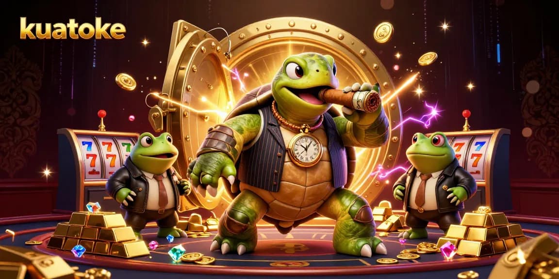 Kuatoke offers players a vibrant casino experience featuring a wealthy snapping turtle and bullfrog companions.
