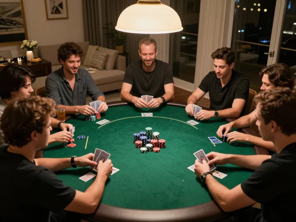 Players enjoying a thrilling rokok88 slot game during an exciting home poker night.