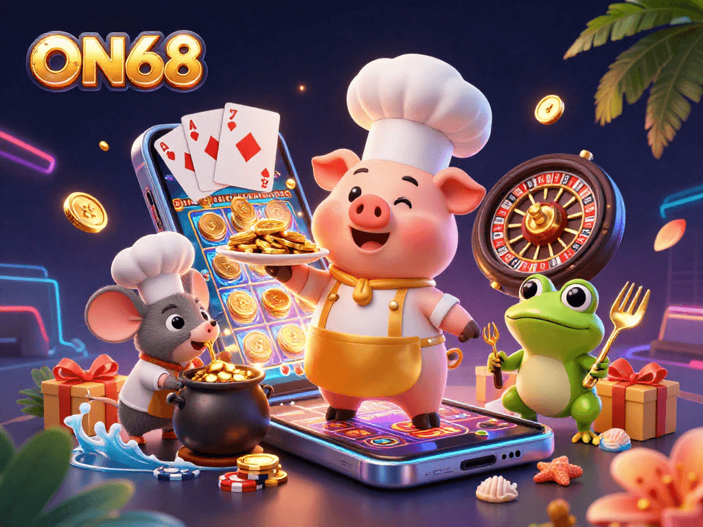 Experience excitement at ON68 with cartoon characters enjoying gold coins, slot games, and vibrant casino elements