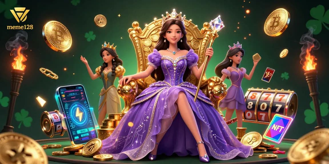 Join the excitement at meme128 with vibrant 3D slots, Bitcoin coins, and a glamorous casino queen.
