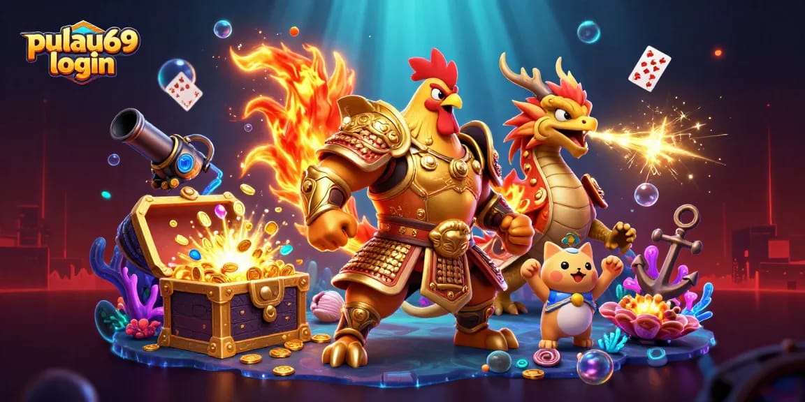 Engage with pulau69 login at a vibrant 3D casino scene featuring animated characters and exciting gaming elements.