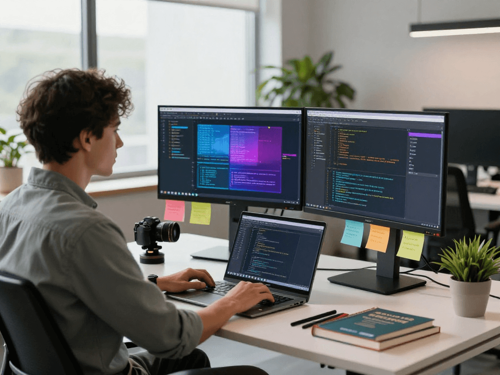 Pengembang bekerja di ruang teknologi inovatif martil4d dengan monitor dan desain aplikasi