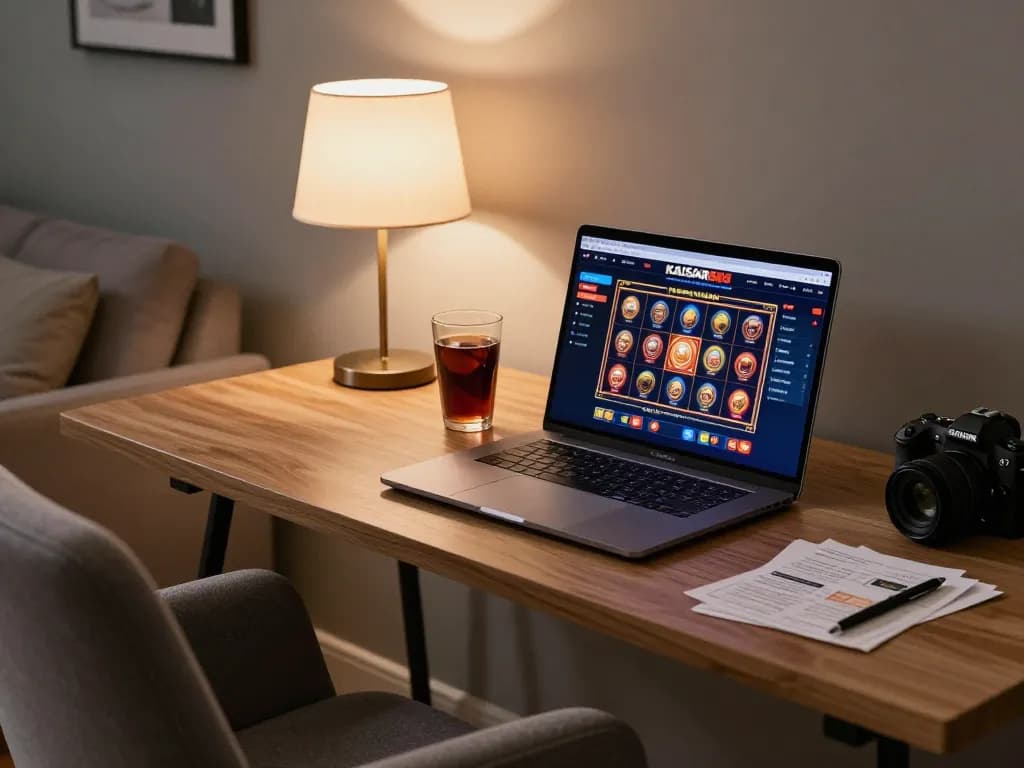 Pengalaman bermain Kaisar 888 di laptop elegan, menampilkan aksi slot yang menarik di pengaturan rumah yang nyaman.