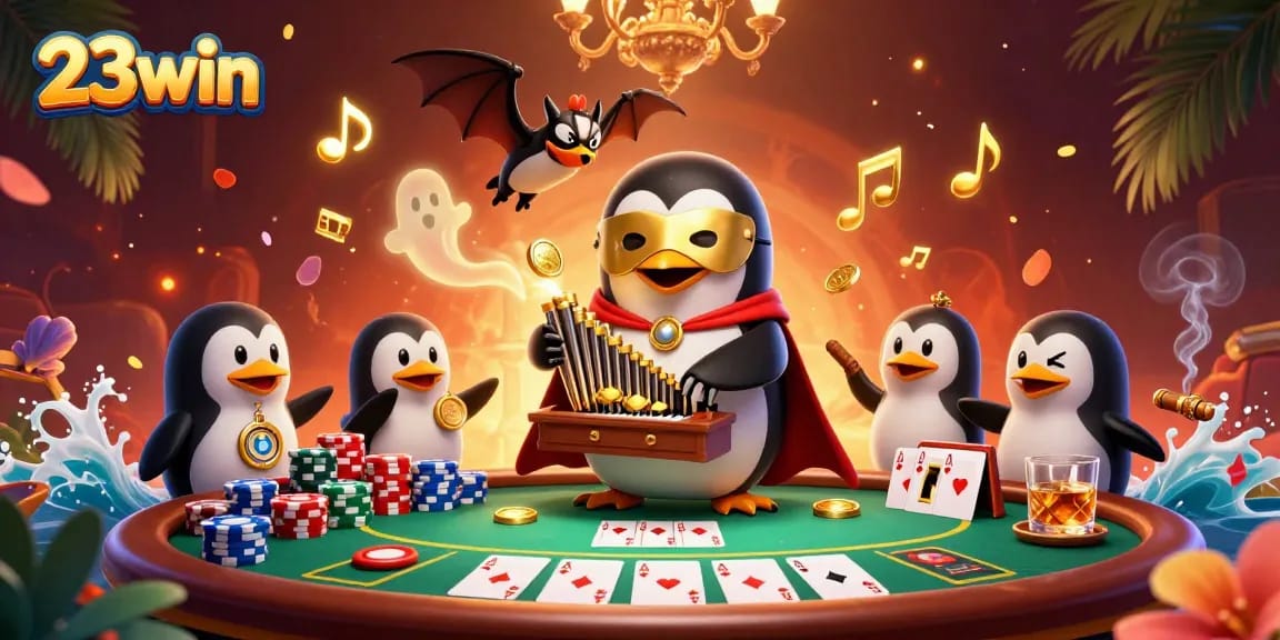Experience the excitement at 23win with a phantom penguin amidst winnings and vibrant casino elements.