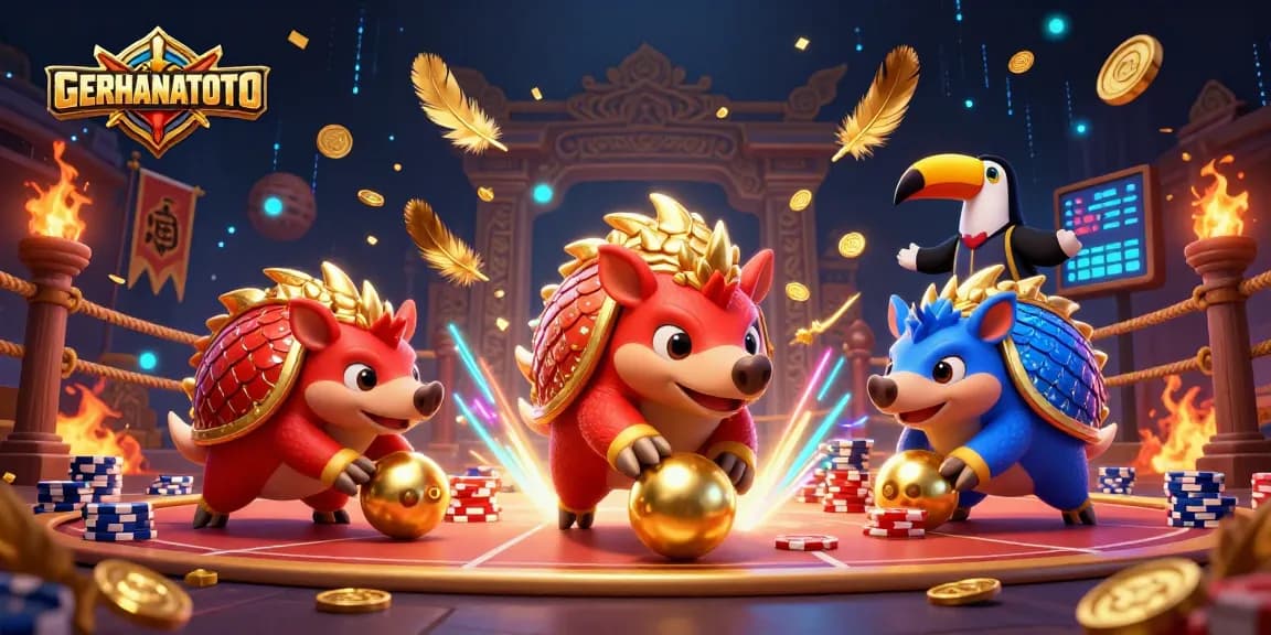 GERHANATOTO menghadirkan pangolin bersaing dalam permainan dadu meriah dengan chip poker yang berkilau.