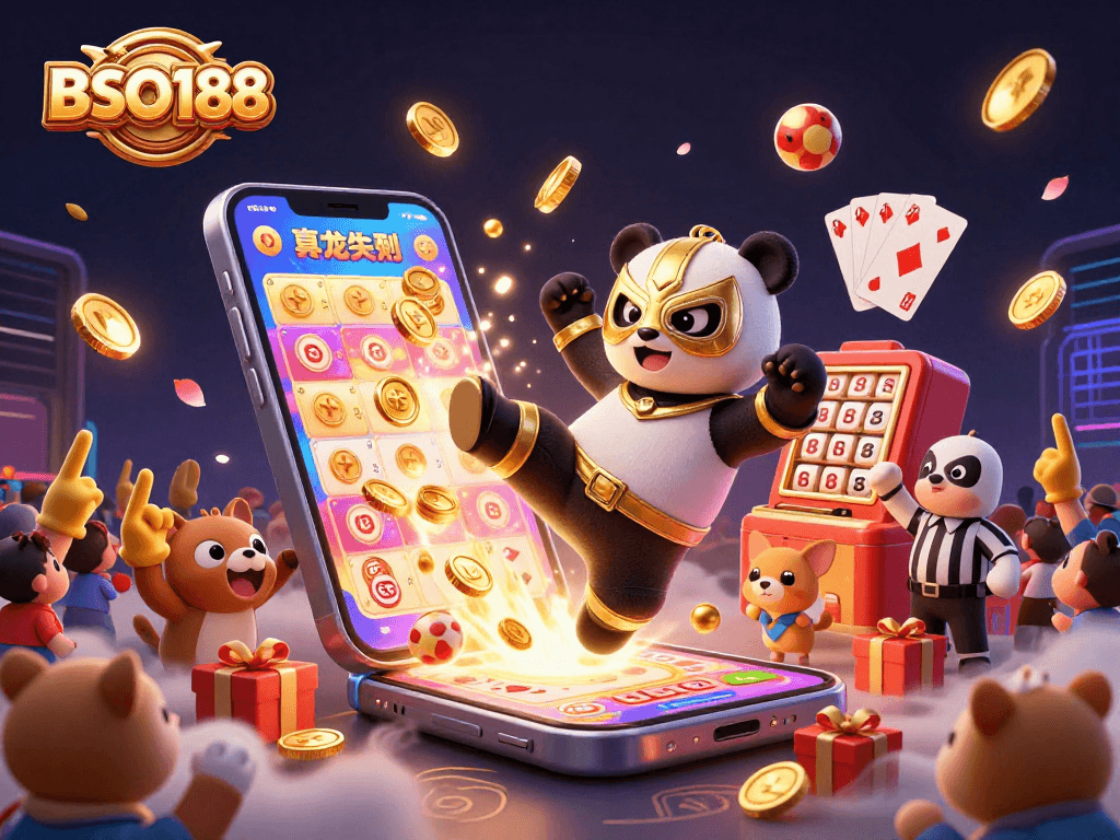 Place your bets with BSO188 in this vibrant, animated lottery scene featuring playful characters.