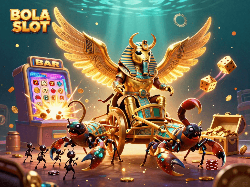 BOLA SLOT showcases a colossal golden scarab beetle amid casino elements, celebrating slot jackpots.