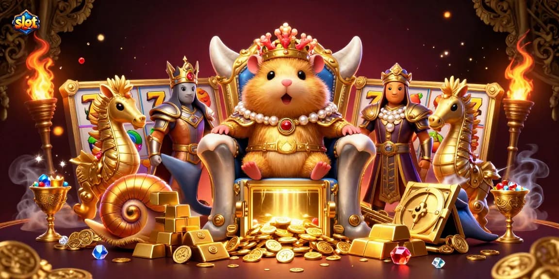 Experience thrilling slot gaming with a golden hamster king amidst royal seahorses, treasures, and dynamic gaming elements.