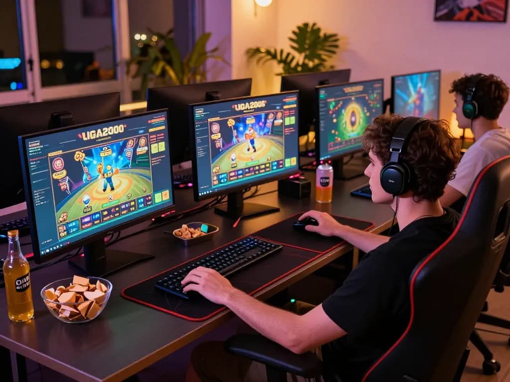 LIGA2000 online slot game on multiple screens with player engaged in strategic gameplay.