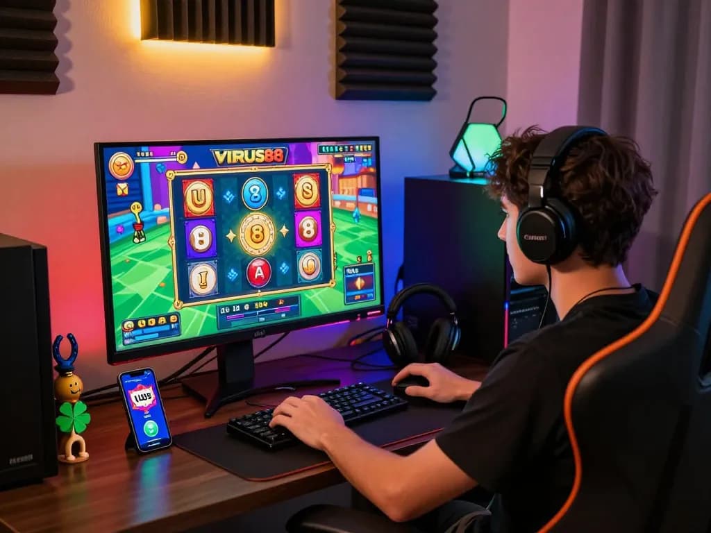 Scene permainan interaktif yang menampilkan slot online VIRUS88, seorang pemain terlibat di pengaturan permainan modern.