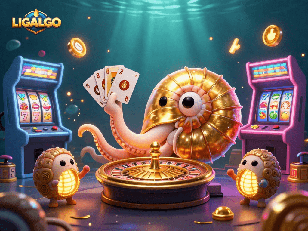 LIGALGO showcases a vibrant 3D casino world with an ancient nautilus roulette wheel and glowing gaming elements.