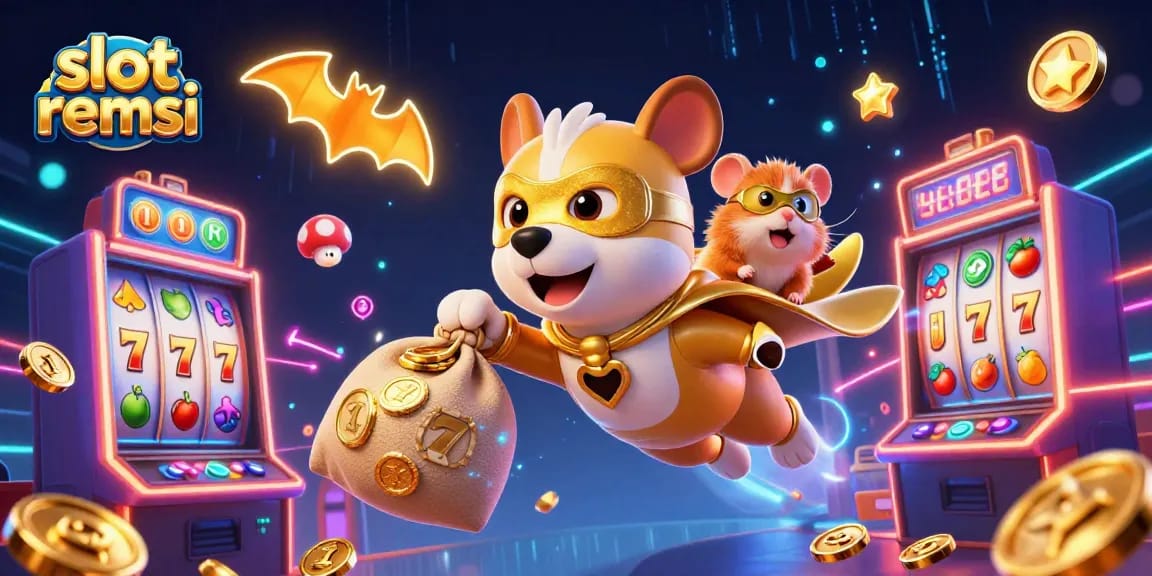 Gambarkan pengalaman bermain slot remsi dengan karakter anjing superhero dan hamster, bersama mesin slot berputar.
