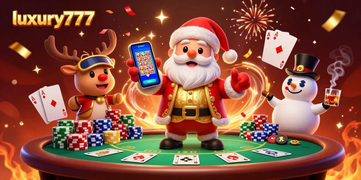 Engage with luxury777 through a vibrant casino scene with Santa and festive characters.