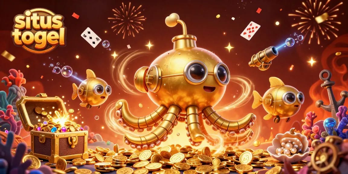 situs togel menghadirkan ilustrasi kasino 3D dengan makhluk laut dan harta berkilauan.
