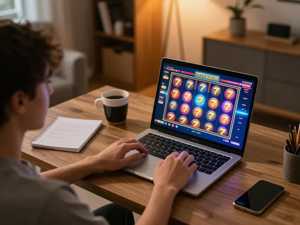 Pengaturan permainan online yang menarik dengan slot777 gacor di laptop, suasana kantor rumah yang nyaman.