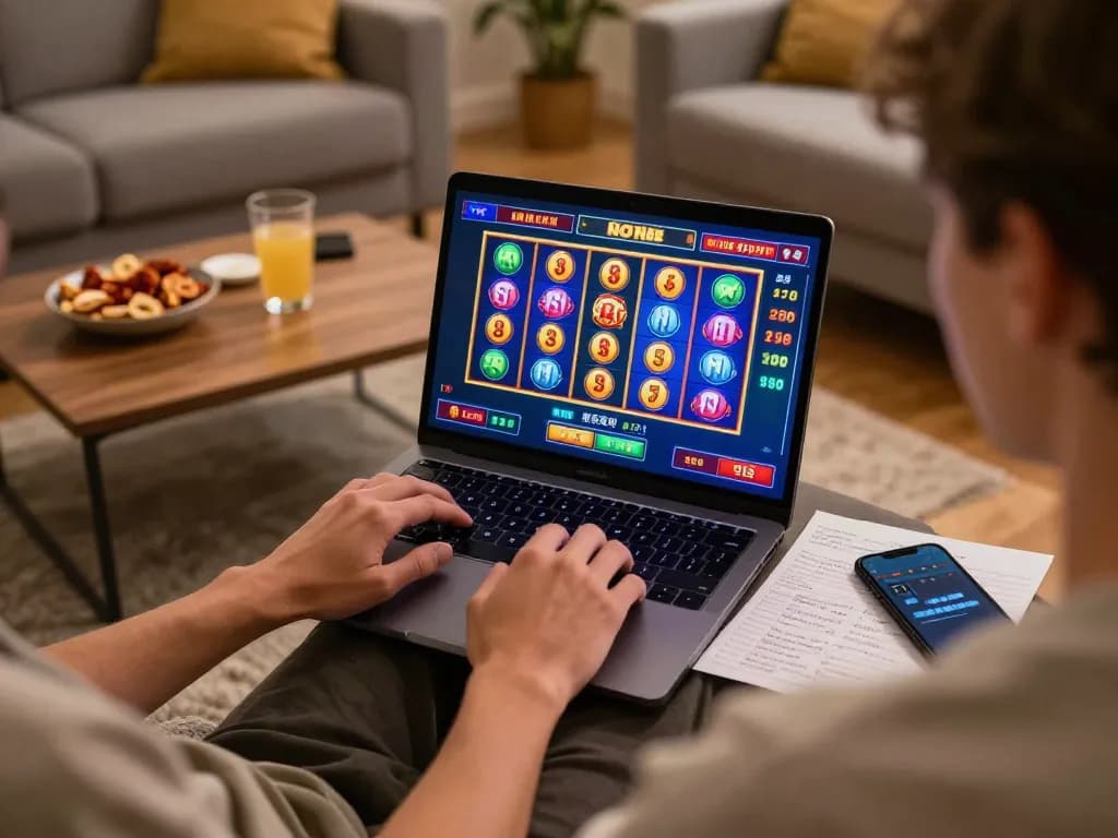 Engaging in no hu slot games on a sleek laptop in a cozy home setup, emphasizing strategic gameplay.