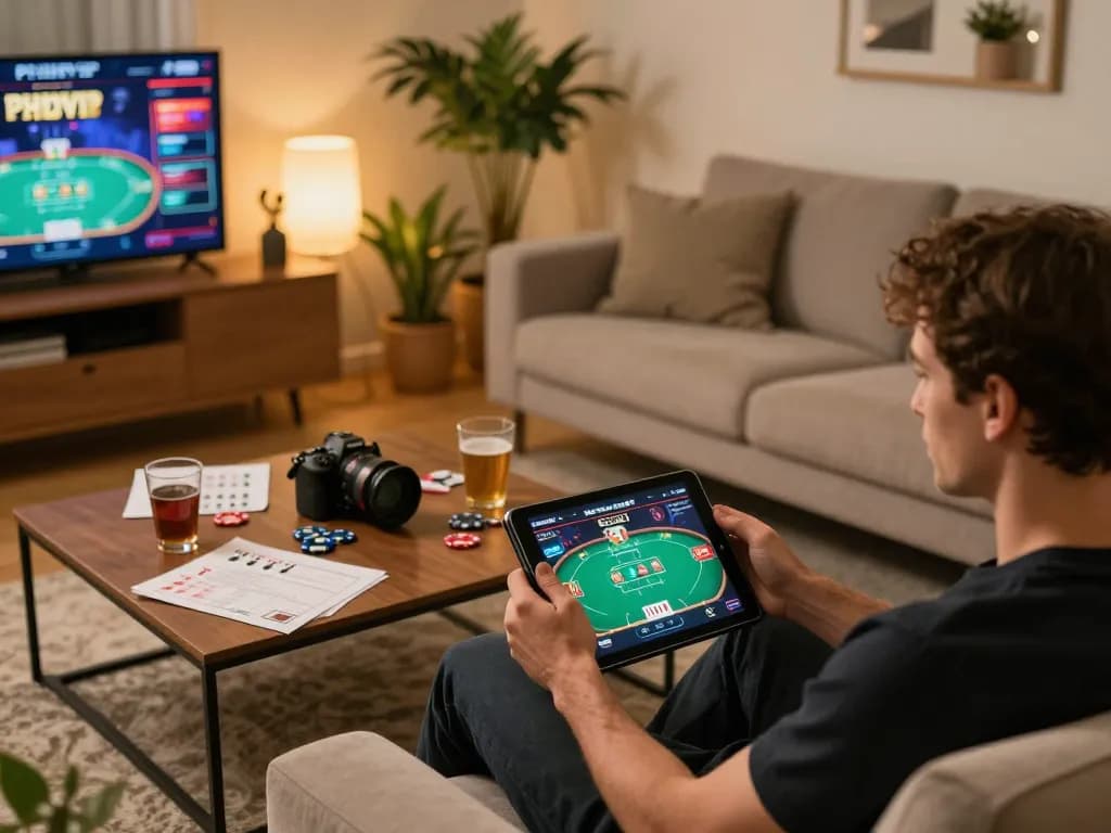 Player engaging with PHPVIP on a tablet during a cozy home gaming session.