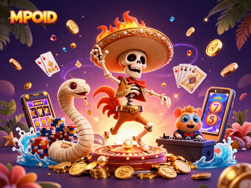 MPOID offers thrilling slot action with vibrant characters celebrating over golden coins.