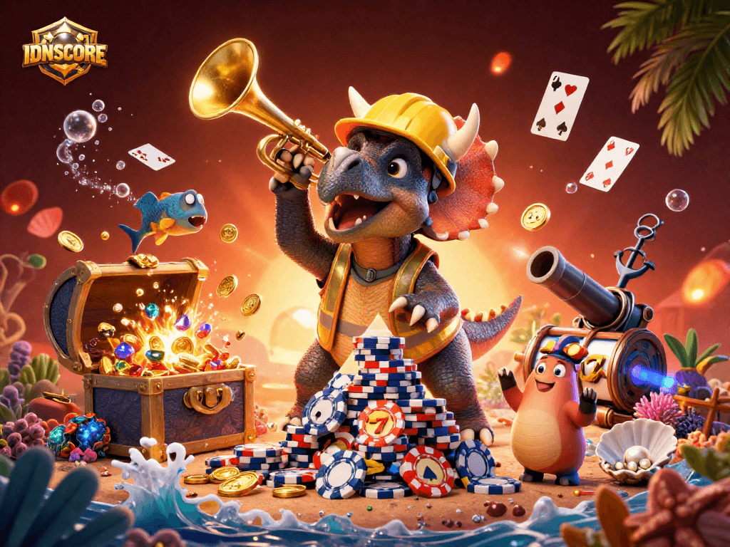 Engage with IDNSCORE's vibrant loyalty point rewards featuring triceratops and paradisaical gameplay.