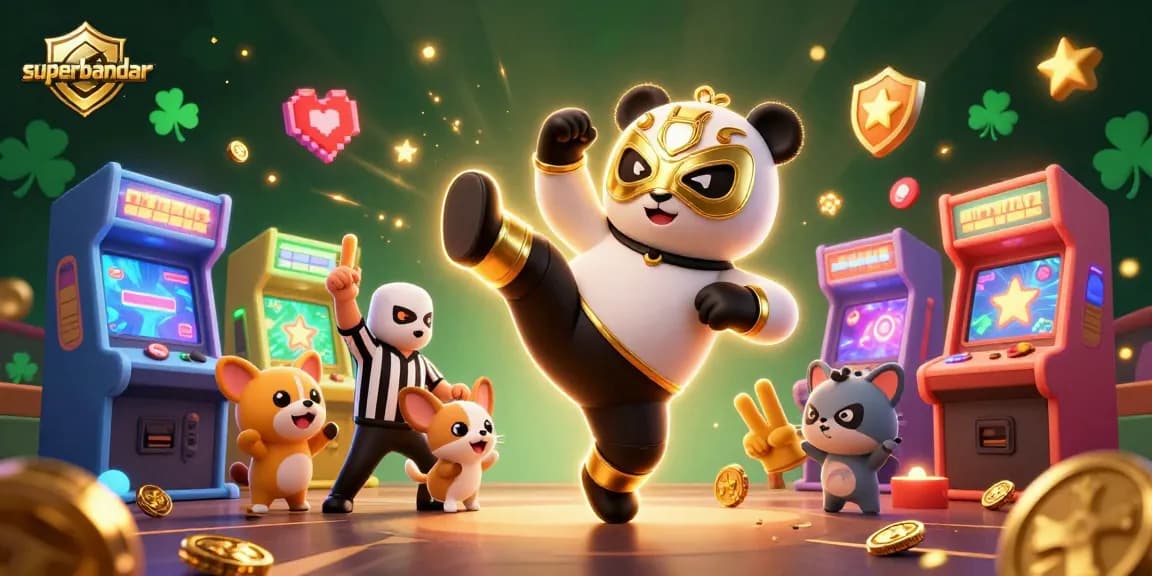 Gambarkan superbandar saat panda pembalap terbang menendang sambil disaksikan oleh juri chihuahua di arena perjudian.