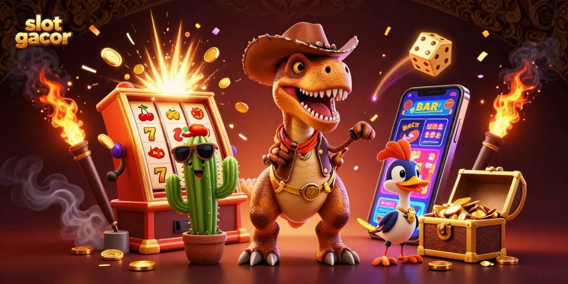 Menang besar di slot gacor dengan karakter dinosaurus koboi dan mesin slot pemenang.