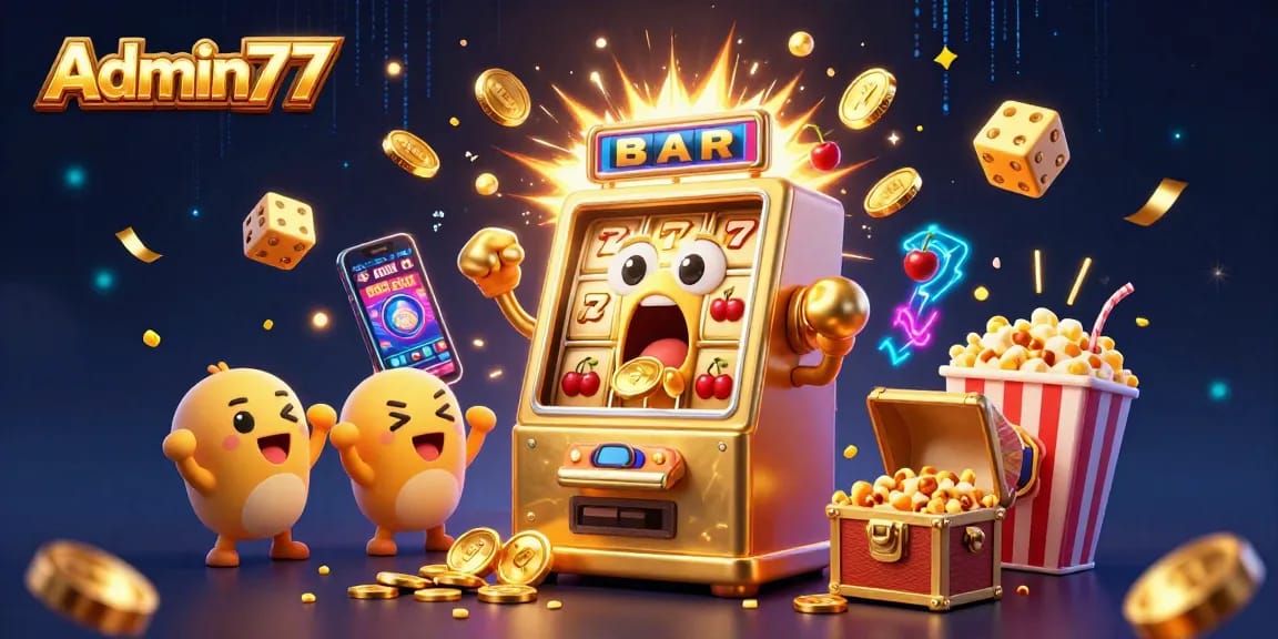 Experience Admin77's thrilling jackpot action with a cartoon slot machine bursting with coins.