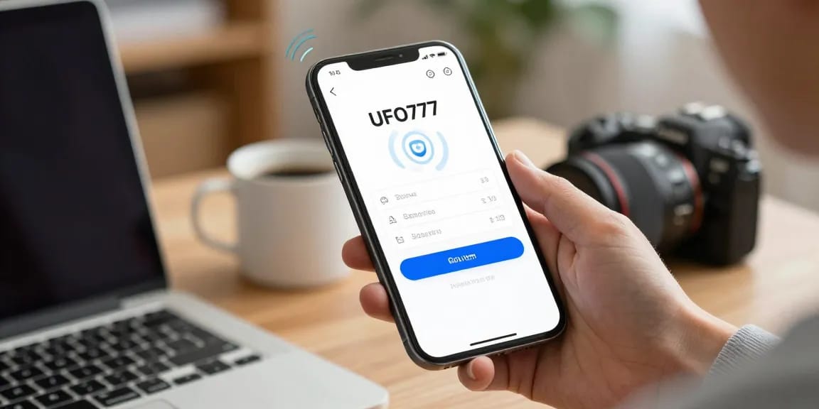 Login ke aplikasi UFO777 dengan antarmuka modern di smartphone.