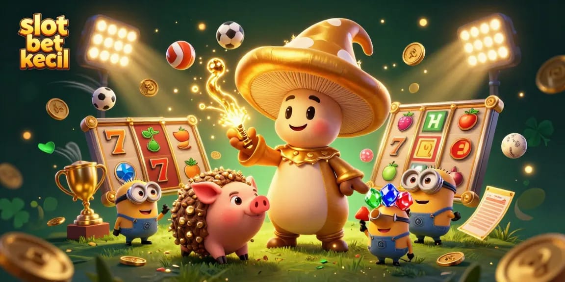 Slot bet kecil dengan karakter 3D kartun dan elemen kasino yang menonjol, menyerupai permainan slot yang menarik.