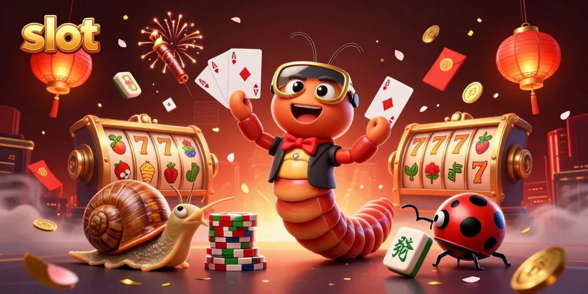 Engage in thrilling slot action with a vibrant 3D scene of dealers, chip stacks, and festive game elements.