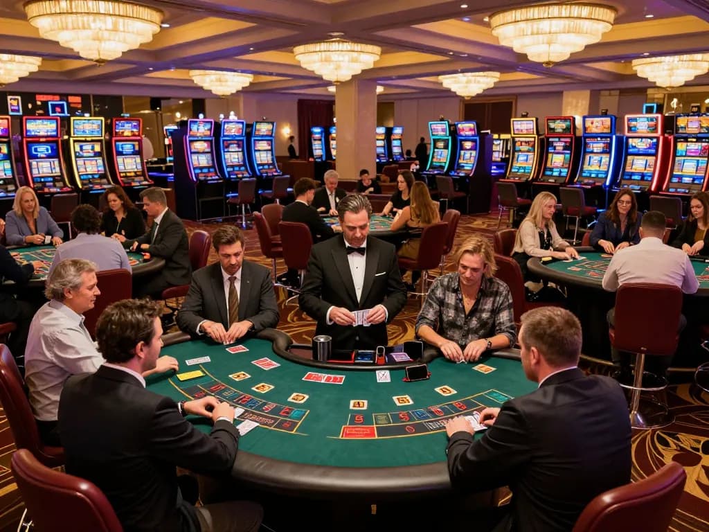 Pemain memasang taruhan di meja blackjack di kasino yang ramai, menyoroti suasana permainan popsplacebarandgrill.