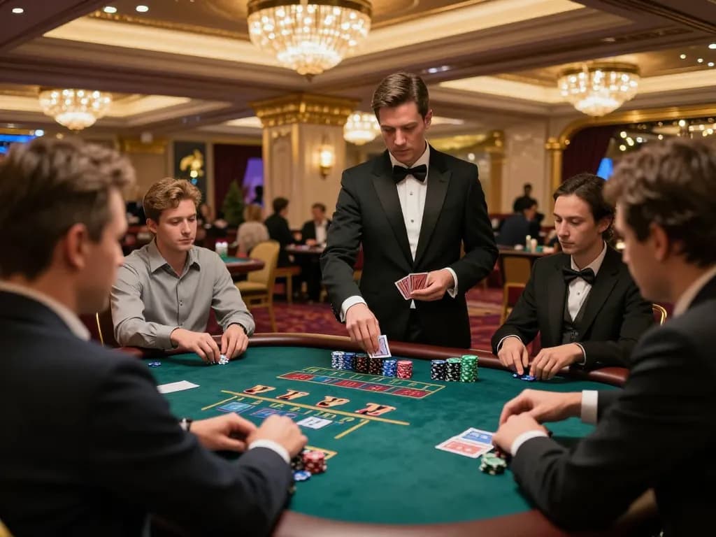 pemain rokok88 merancang strategi di meja blackjack, menciptakan atmosfer kasino yang menarik dengan permainan yang terfokus.