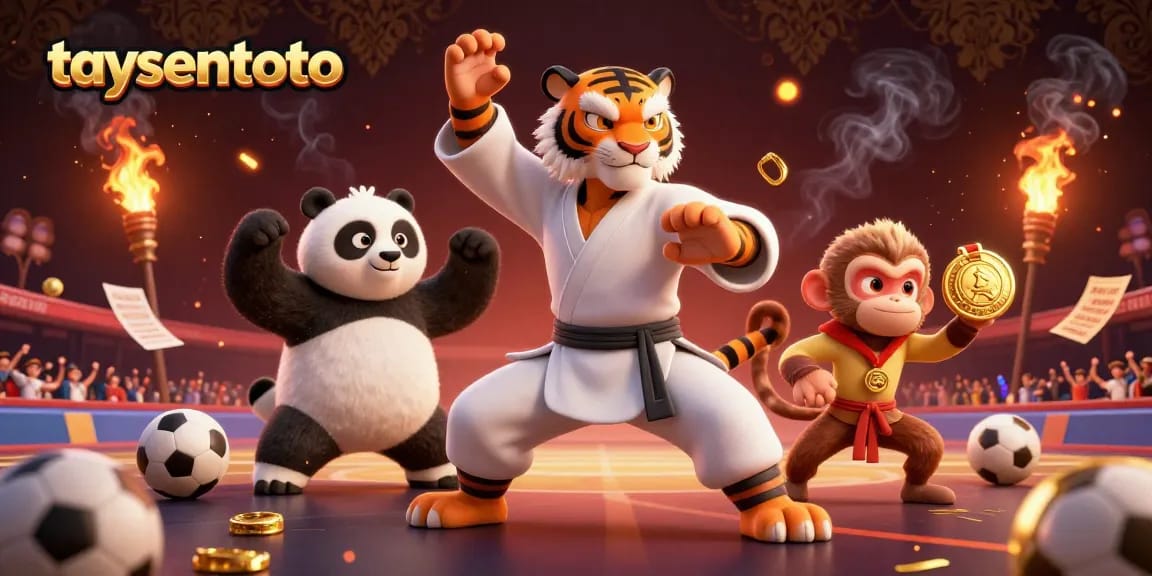 Taruhan sepak bola di taysentoto dengan harimau dan panda dikelilingi oleh elemen olahraga