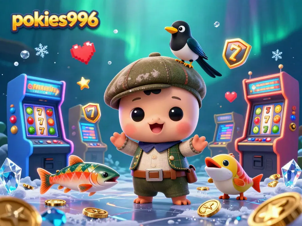 Experience the thrill of pokies996 with cartoon characters among vibrant game elements, spinning slots and jackpots.