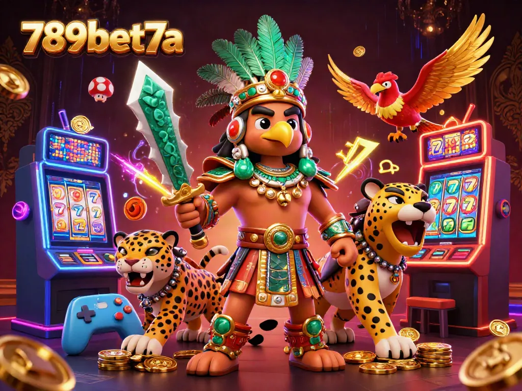 Engage in thrilling slot action with 789bet7a's vibrant 3D Aztec warrior illustration.