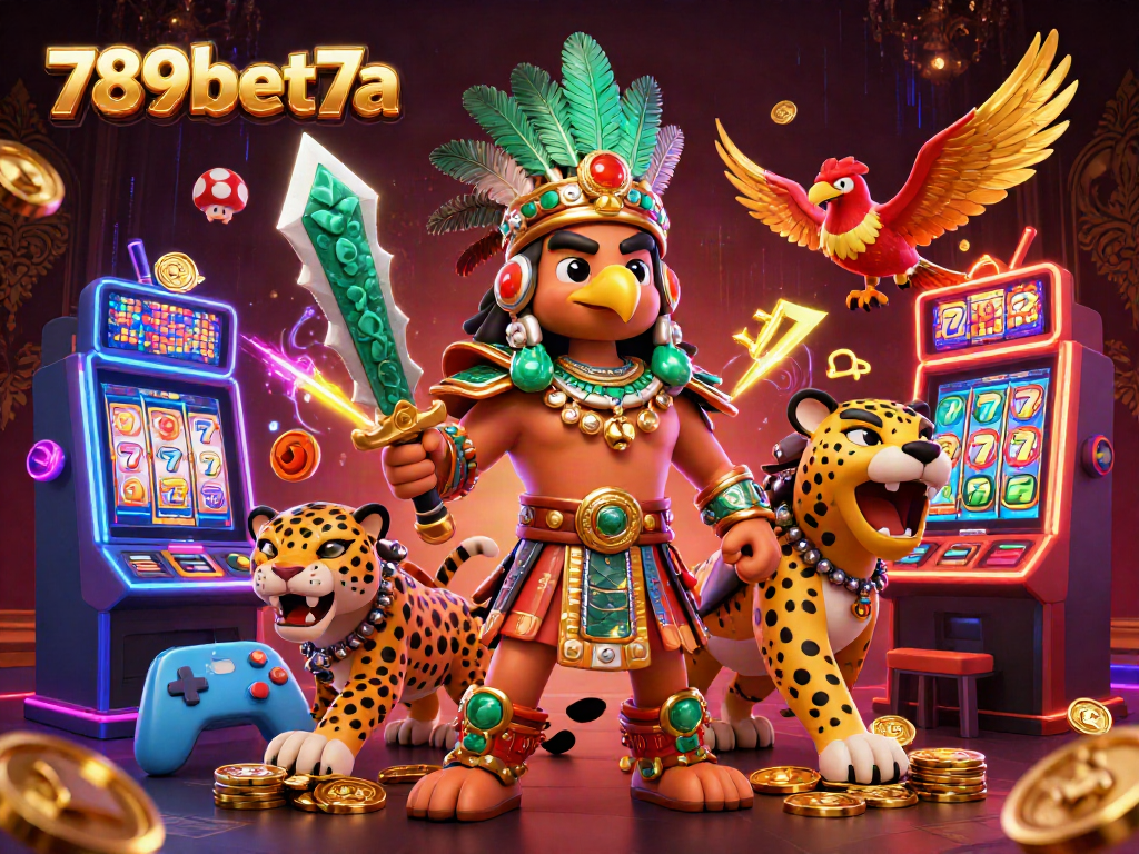 Engage in thrilling slot action with 789bet7a's vibrant 3D Aztec warrior illustration.