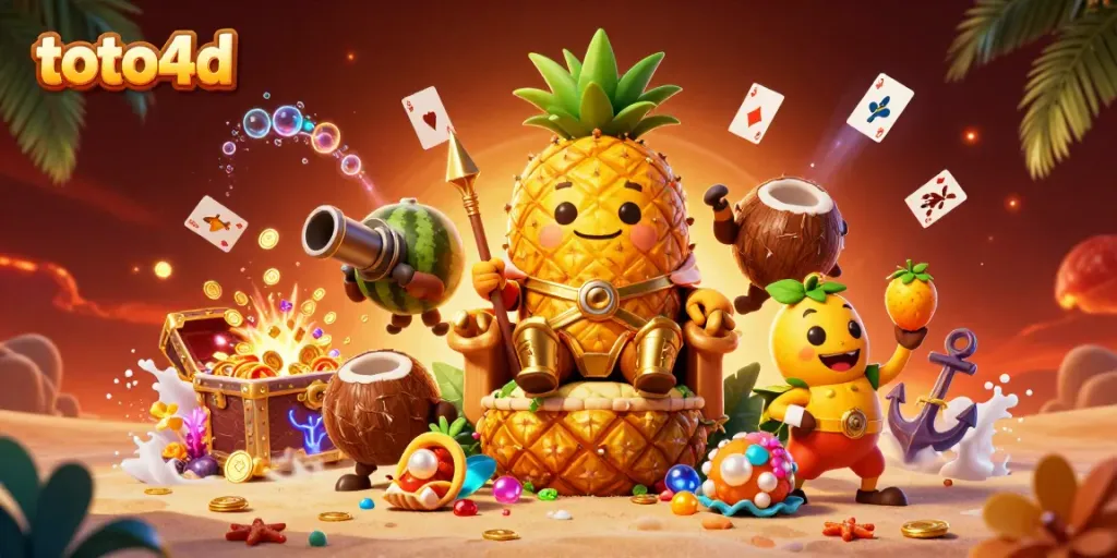 Memenangkan jackpot toto4d dengan raja nanas yang megah dikelilingi harta karun dan elemen kasino.